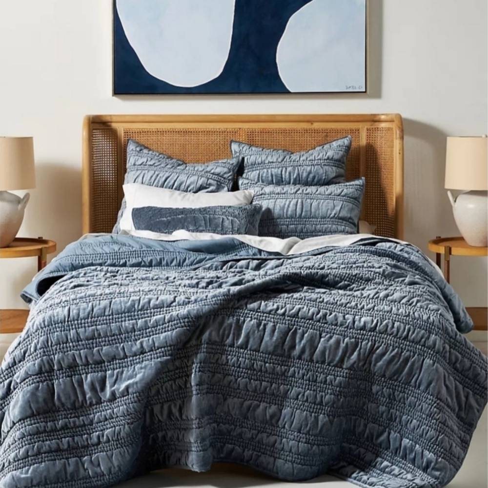 ANTHROPOLOGIE ALASTAIR LUSTERED VELVET QUILT IN BLUE QUEEN